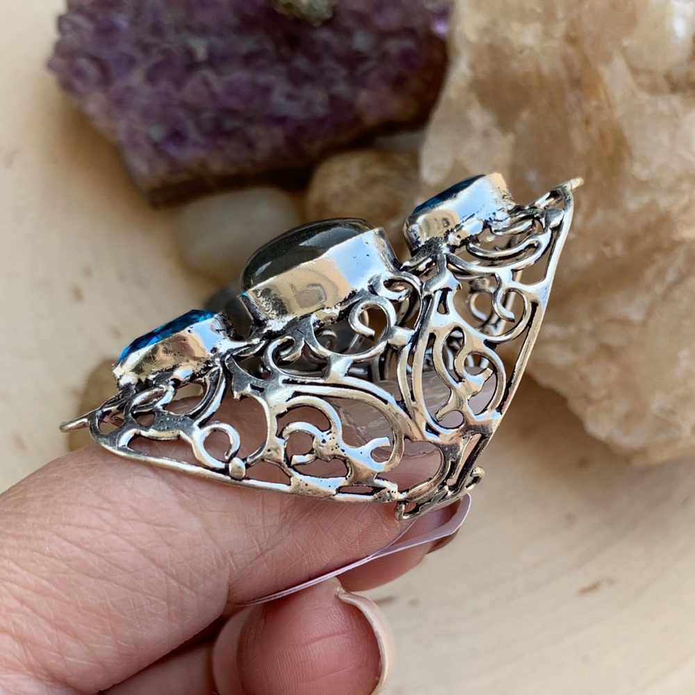 LABRADORITE & BLUE TOPAZ RING SIZE 10 - Picture 4 of 8
